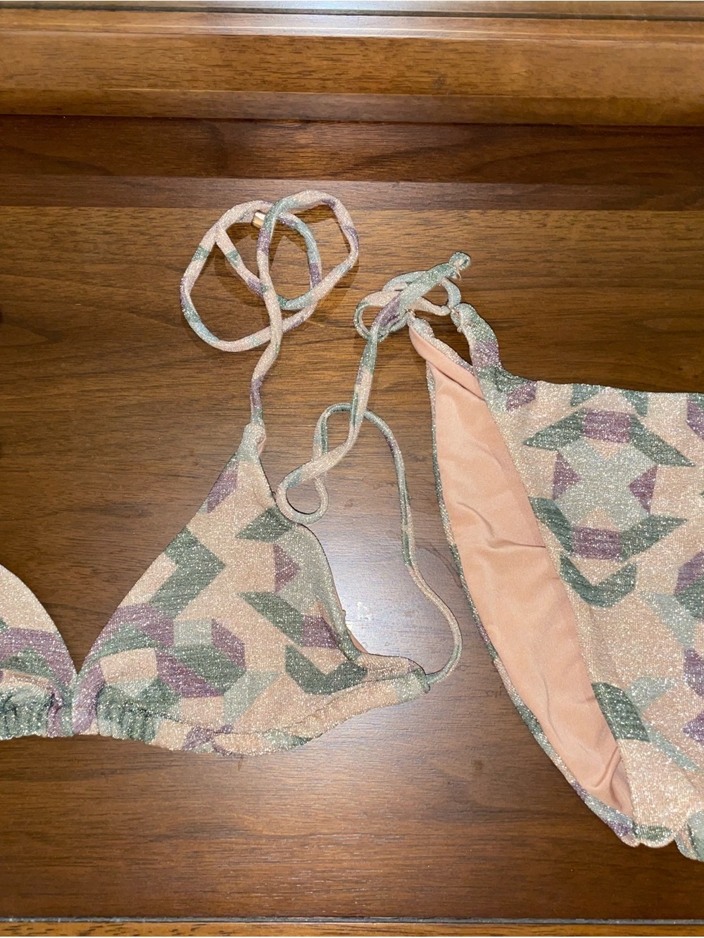 Forever 21 Shimmery Geometric Triangle Bikini in Peach, Green & Purple